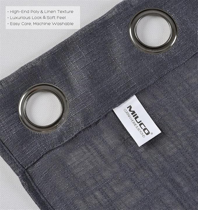 MIUCO Semi Sheer Curtains Poly Linen Textured Solid Grommet Curtains 95 Inches Long for Bedroom 2 Panels (2 x 37 Wide x 95" Long) Charcoal Grey