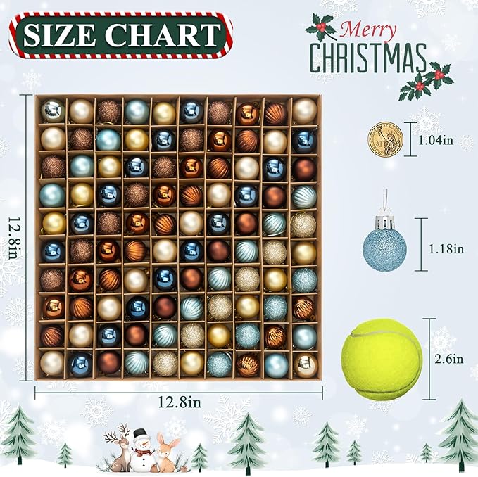 100 Pcs Mini Christmas Ball Ornaments Set, 1.18'' Blue Copper and Gold Small Shatterproof Xmas Tree Ornament Hanging Ball Bulk Decorations for Holiday Party, Wreath, Garland, Winter Decor