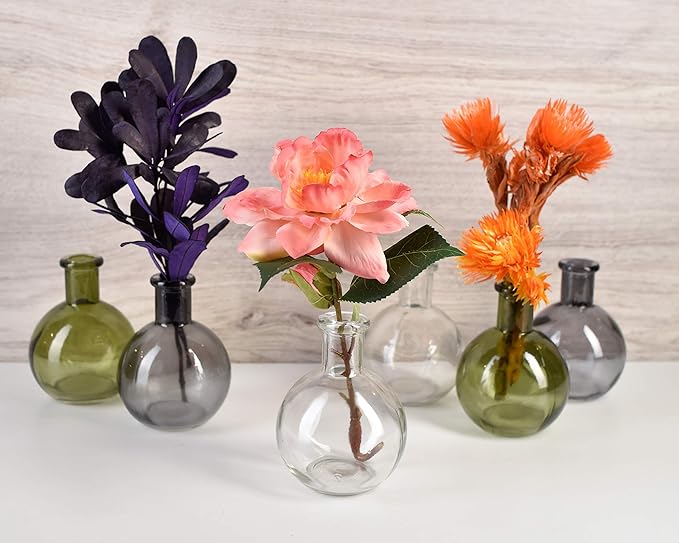 Serene Spaces Living Set of 6 Small Smoke Grey Ball Bud Vases, Transparent Glass Vases for Weddings, Events, Parties, Floral Centerpieces for Home Decor, Measures 4" Tall