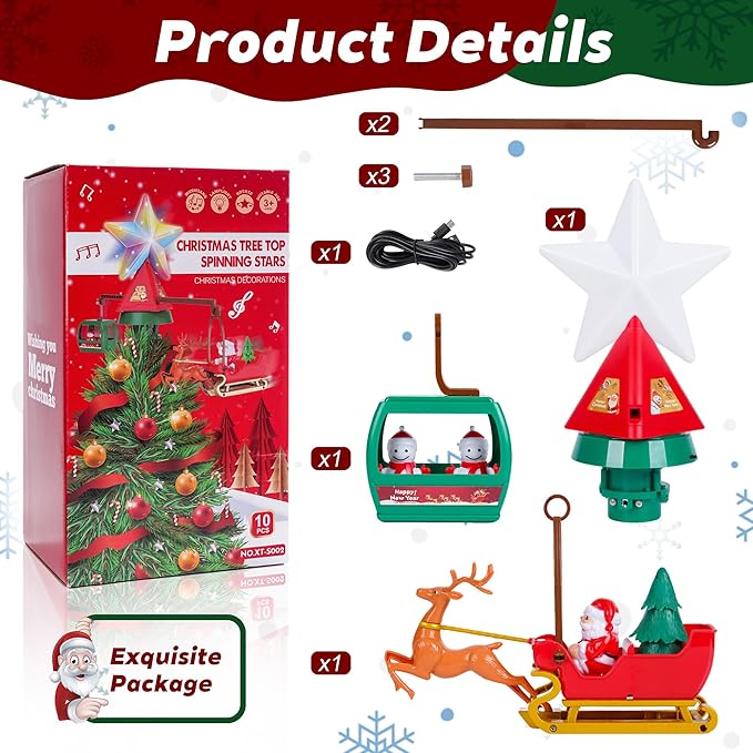 Christmas Tree Topper Spinning Star Animated Funny Xmas Decoration with Musicians Lamplight for Indoor Office Home Classroom Party Decor