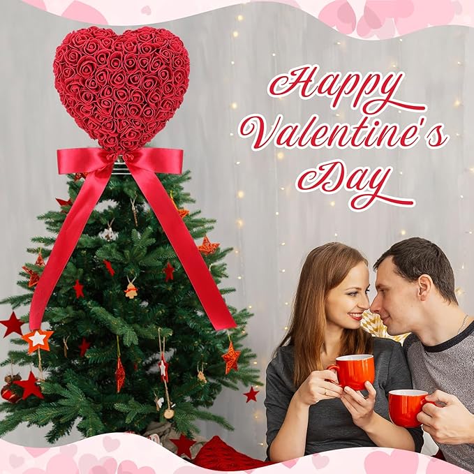 Soulchen Valentine Day Tree Topper 11.8 Inch Red Heart Tree Topper with Bow Artificial Rose Flower Valentines Trees Ornaments for Valentine's Day Wedding Holiday Party Supplies