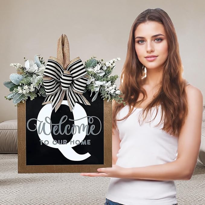 Ultra Large 14'' Last Name All Year Round Front Door Wreath with 26 Initial Letter Welcome Sign All Seasons Eucalyptus Garland and Bow Wreaths for Front Door Porch Farmhouse Decoration (Q)