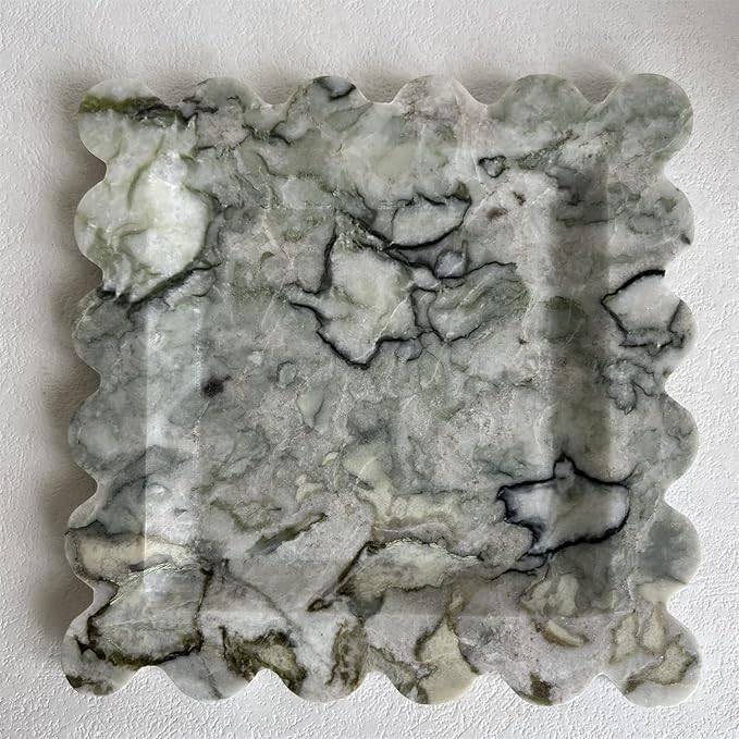 Vintage Natural Marble Tray Small Ornaments Scalloped Tray Handmade Storage Dish for Counter, Vanity, Dresser, Nightstand and Desk (Green Emerald)
