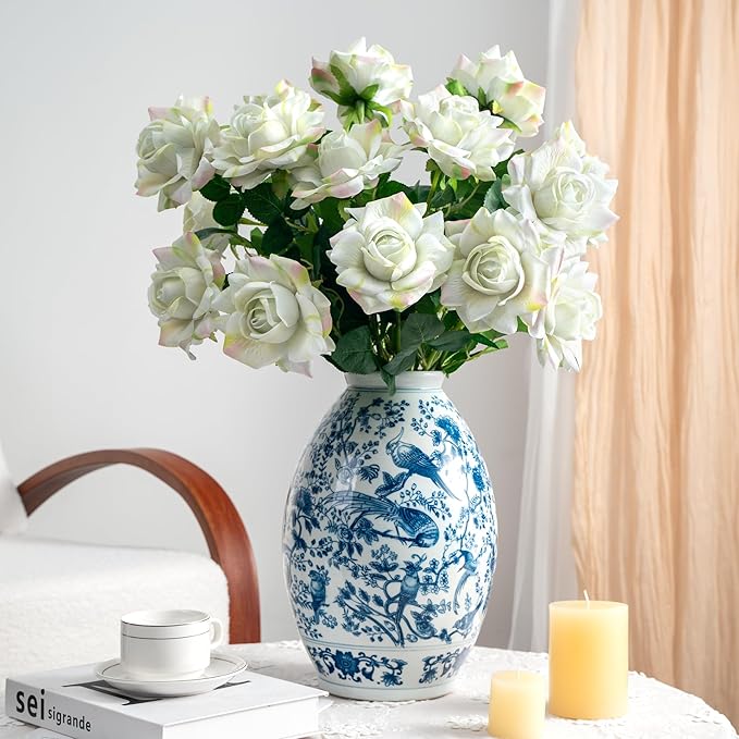 Artificial Flowers Artificial Roses Fake Roses 23.2In Long Stem Artificial Flowers for Tall Vase Silk Rose Suitable for Indoor Decor Wedding Party Decoration DIY Bouquet Spring 20PCS (Green)