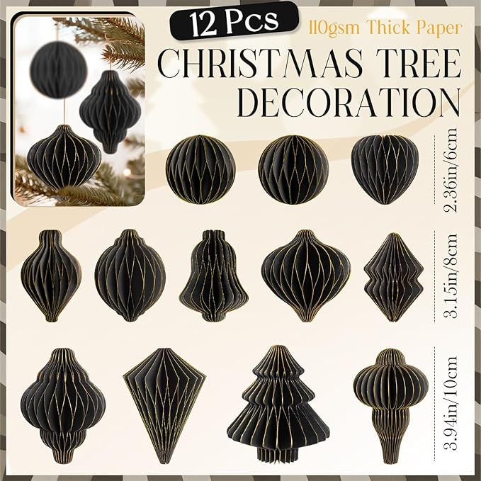 12Pcs Black Paper Christmas Party Decorations, 3D Honeycomb Paper Hanging Ornaments with Glitter, Finial Honeycomb Lantern Mysterious and Unique Ornaments for Christmas Tree Halloween Wonderland Party