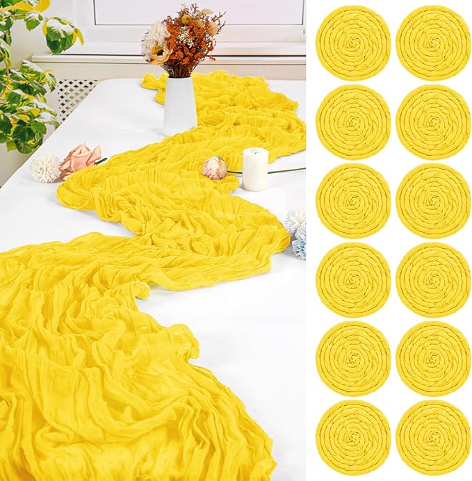 12 Pack Yellow Cheesecloth Table Runner,10FT Gauze Boho Table Runner 20x120inch Rustic Sheer Cheese Cloth Table Runner for Wedding Party Bridal Shower Table Thanksgiving Christmas Decoration