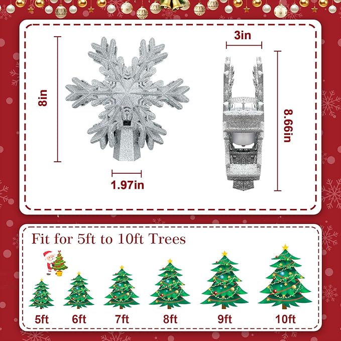Christmas Tree Topper Lighted with LED Rotating Silver Snowflake Projector, 3D Hollow Glitter Lighted Silver Snow Christmas Star Tree Topper with Plug for Indoor Outdoor Christmas Tree Decorations