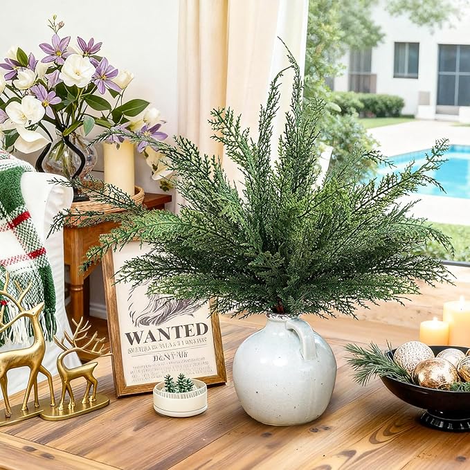 Christmas Cypress Stems for Vases Cedar - Real Touch Realistic Artificial Faux Greenery Pine Branches Fillers and Holiday Home Decor 18 inch Long 10 Pcs
