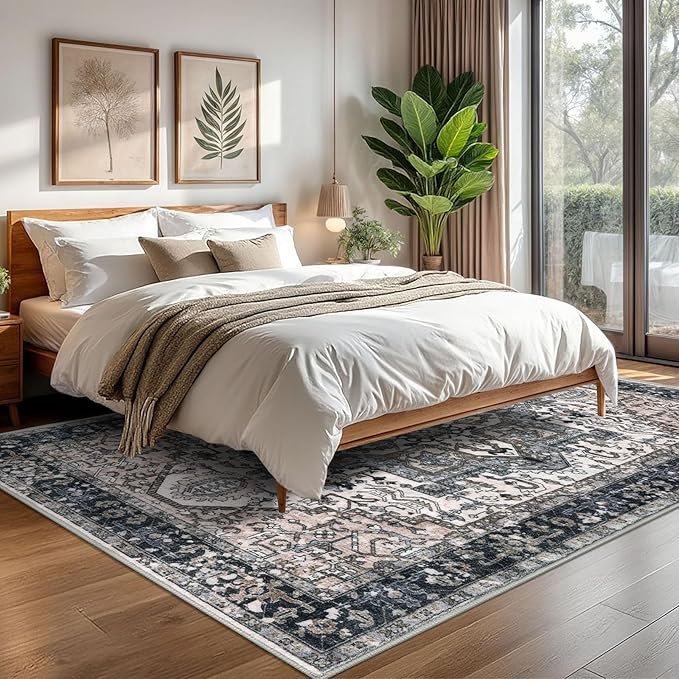 KOZYFLY Boho Area Rug 6x9 Ft Thin Washable Rugs for Bedroom and Living Room Faux Wool Printed Throw Carpet Non Slip Rug for Entryway Kitchen Dining Room, Black/Taupe/Beige