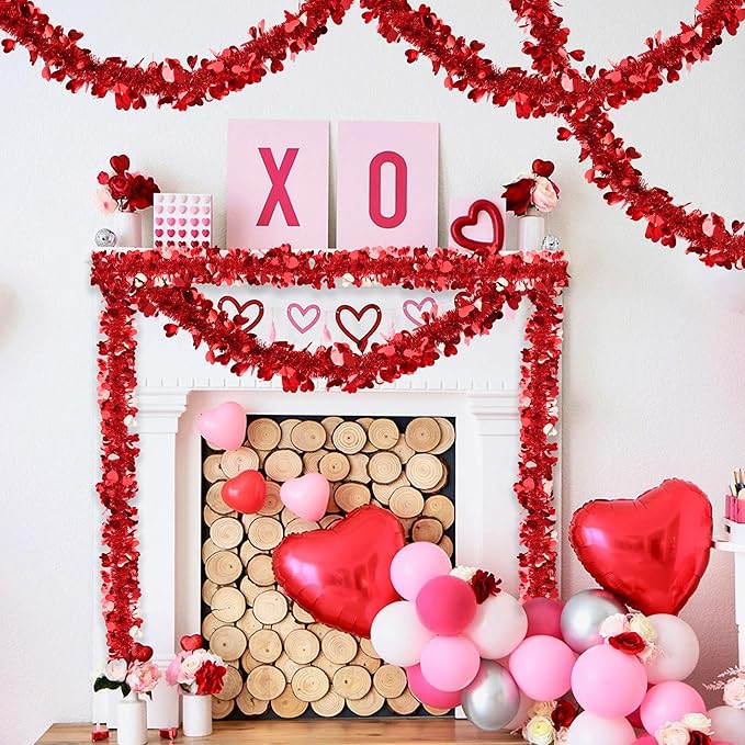 Valentines Day Garland Decor 50FT Red Heart Tinsel Garland Metallic Hanging Garlands Glitter Streamers Valentines Day Decorations for Home Mantel Table Indoor Outdoor Galentines Party Romantic Decor