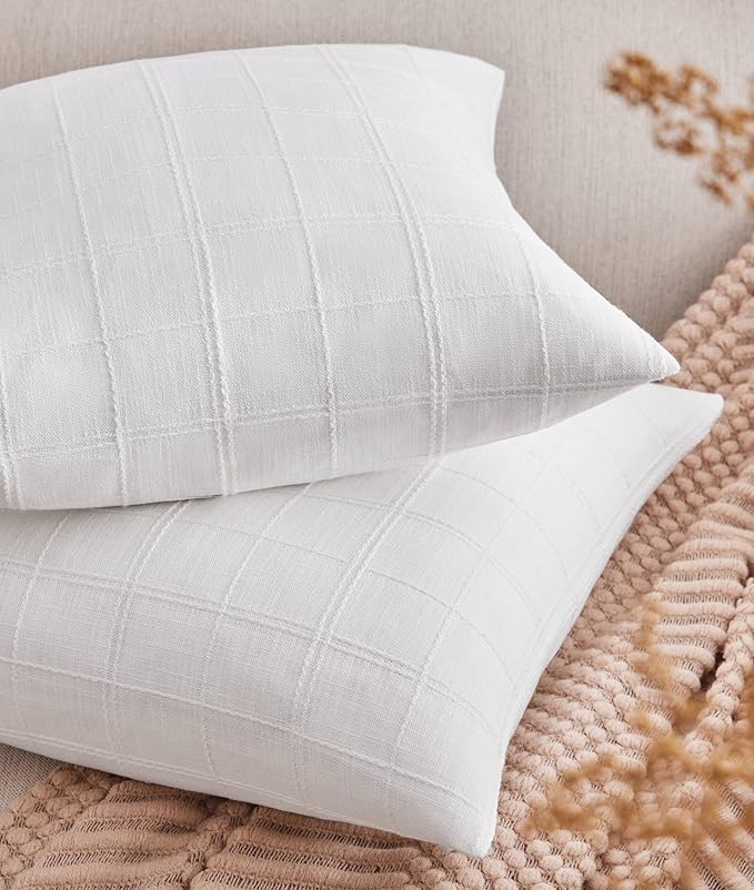 ZeeMart Linen Checked Throw Pillow Covers Set of 2, 16x16 Inch Allover Grid White, Farmhouse Decorative Double Sided Grid Embroidered Couch Pillow Cases White Cotton Linen Cushion Covers