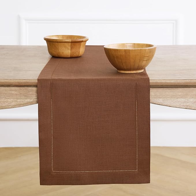Solino Home Linen Brown Table Runner 90 Inches Long - 100% Pure Linen Hemstitch 14 x 90 Inch Table Runner for Dining - Classic Hemstitch