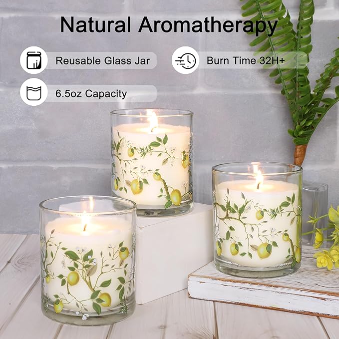 3 Pack Scented Candles Lemon Fragrance Soy Wax Glass Jar Candle Long Burn Time Birthday Candle Gift Set Stress Relief Aromatherapy Candles for Home Scented Christmas House Warming Decoration