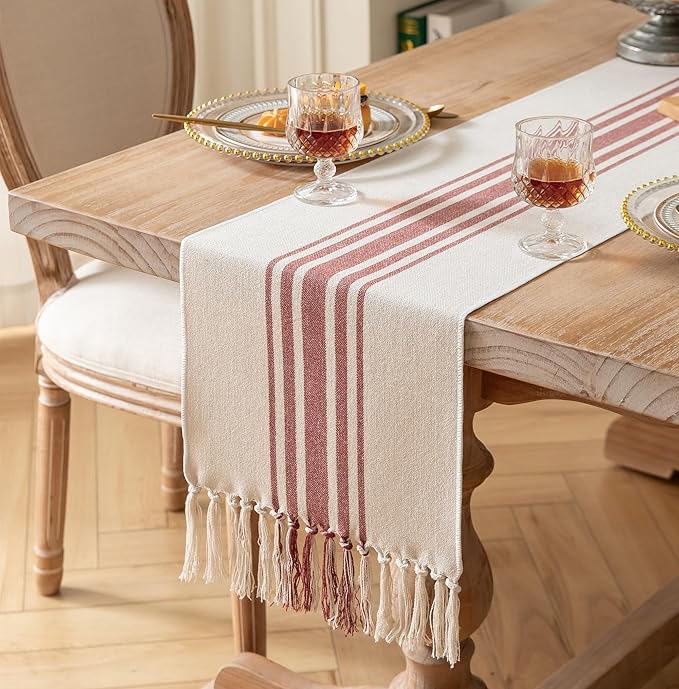 Caflife Boho Table Runner for Modern Farmhouse Fall Decor, Dining Table décor 13 x 60 Inch Long with Handcrafted Tassels, Rust and Beige Stripe Table Runner for Home Boho décor