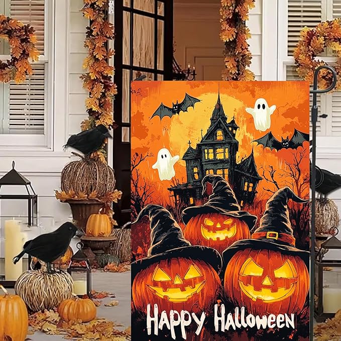 Halloween Garden Flag 12x18 Inch Pumpkin Witch Hat Ghost Bat Haunted House Double Sided Fall Outdoor Halloween Yard Flag Spooky Holiday Banner Porch Lawn Decoration Seasonal Party Decor Sign