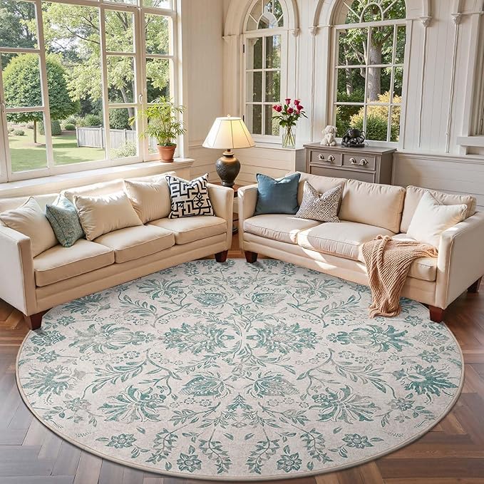 jinchan Torino Classic Floral Round Rug 7ft Vintage-Inspired Design 7’Circle Rug Machine Washable Ultra-Thin Low-Pile Non-Slip Indoor Carpet for Bedroom Dining Room Living Room