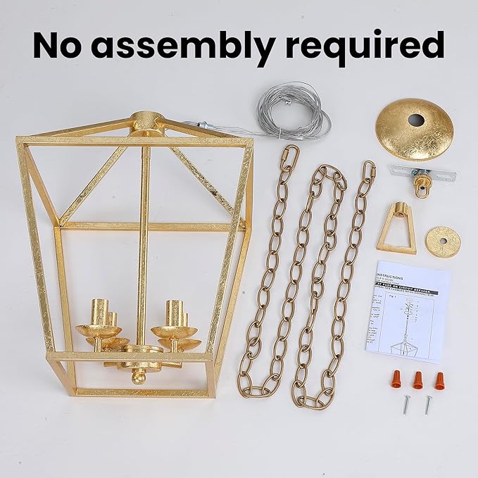 Untrammelife 4-Light Gold Lantern Pendant Light, Adjustable Height Metal Geometric Light Fixture 12’’ Classic Cage Lantern Chandelier for Kitchen Island Hallway, Hand-Pasted Gold Foil Finish