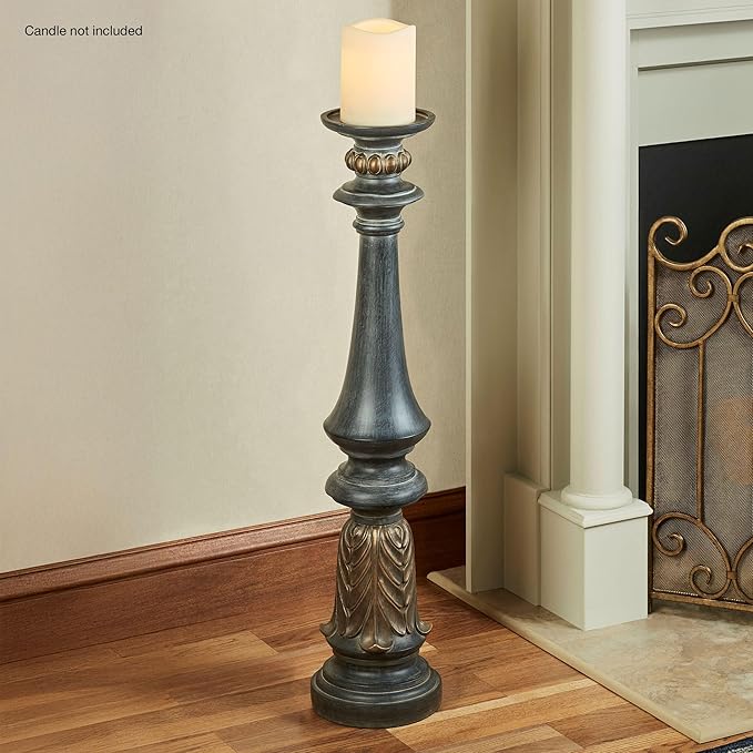 Aurora Tall Floor Candleholder | Neutral Antique Black Finish with Metallic Highlights | Holds Your Pillar Candle in a Classic Turned Spindle Pedestal Candlestick Design | 36 Inch Tall Candle Stand