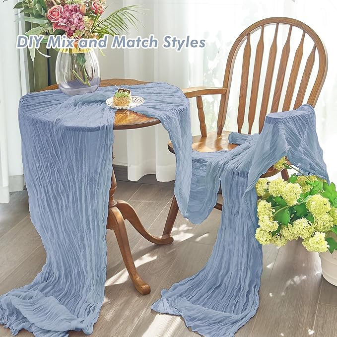 IVAPUPU 2 Pcs Cheesecloth Table Runner - 10ft Dusty Blue Boho Gauze Cheese Cloth Table Runners for Baby Shower Decoration Wedding Party Summer Garden Farmhouse