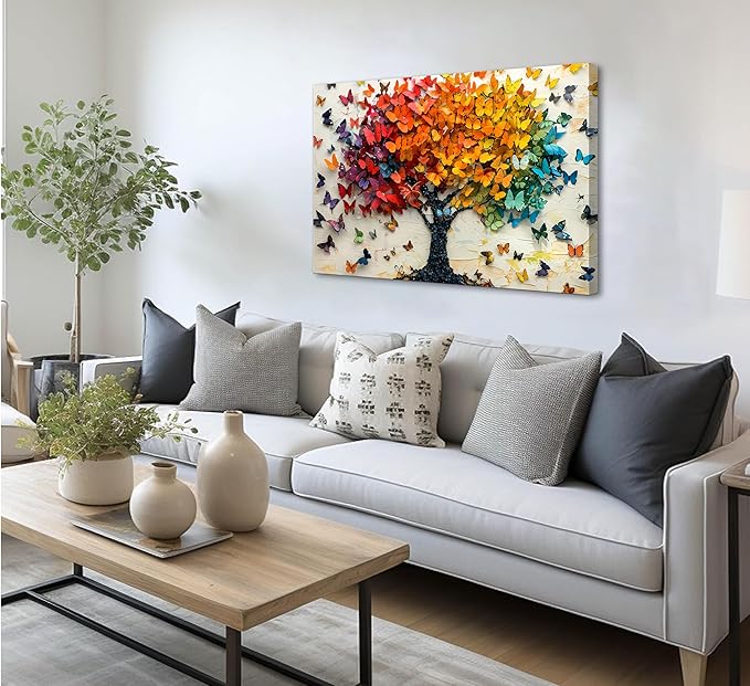 Colorful Butterfly Tree Canvas Wall Art Tree of Life Canvas Painting Picture Wall Decor Cute Butterfly Picture Poster Print Artwork for Wall Living Room Bathroom Bedroom Home Decoration