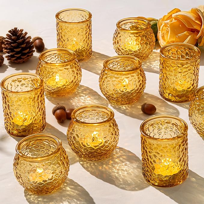 24-Piece Amber Glass Votive Candle Holders Set – Tealight Candle Holder Glass Bulk with 12 Round & 12 Hammered Textured Cups, Amber Votive Candle Holders for Weddings, Parties, Home
