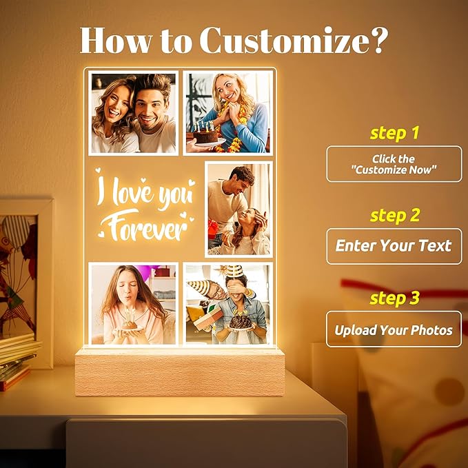 Custom Picture Frames, Customized Photo Frame with Night Light, Personalized Picture Frame, Personalized Anniversary Christmas Birthday Gifts for Women Men Girlfriend Boyfriend Couples Him Her