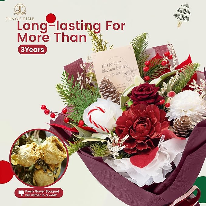 TINGE TIME Preserved Flowers Bouquet, Christmas Faux Rose Bouquets, Artificial Flowers Poinsettia Faux Flowers, for Christmas Centerpiece Table Home Holiday Party
