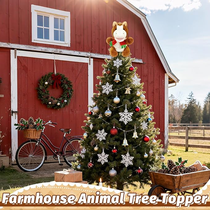 Horse Christmas Tree Topper with Red Scarf, 10in Winter Small Plush Horse Tree Topper Decor for Horse Themed Party Farm Party Home Xmas Christmas Indoor/Outdoor Tree Top Decoration, Horse Lover Gift