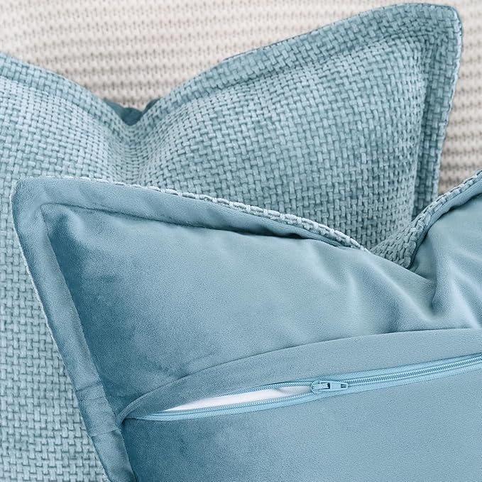 MADIZZ Chenille Velvet Throw Pillow Covers with Flange Set of 2 Super Soft Boho Textured Pillow Covers Decorative Throw Pillowcases Modern Farmhouse Home Decor for Sofa Bedroom Light Blue 20x20 Inch