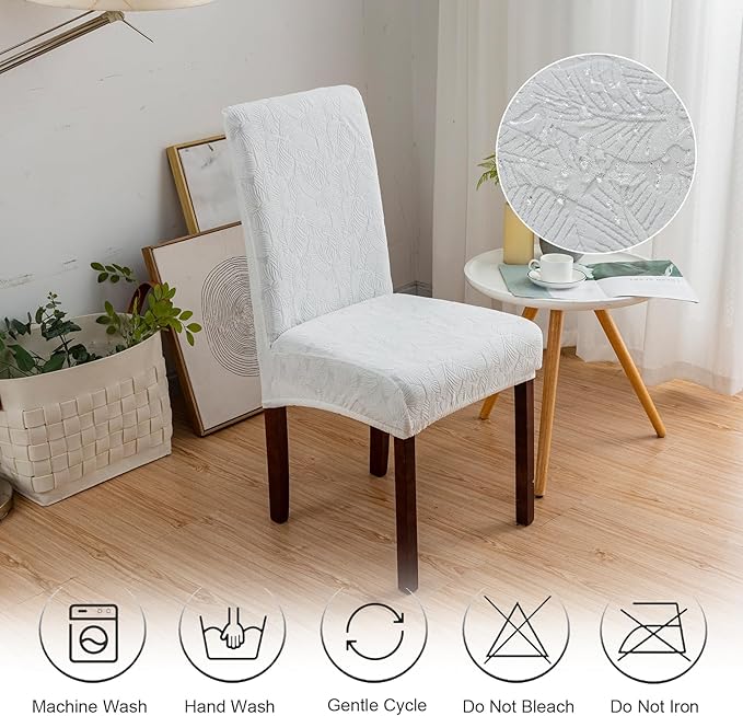 Genina 100% Waterproof Dining Room Chair Covers Set of 4 Stretch Kitchen Chair Covers Parsons Chair Slipcovers for Dining Room Chair Protector Cover, Removable, Washable (Leaf Pattern-Cream)