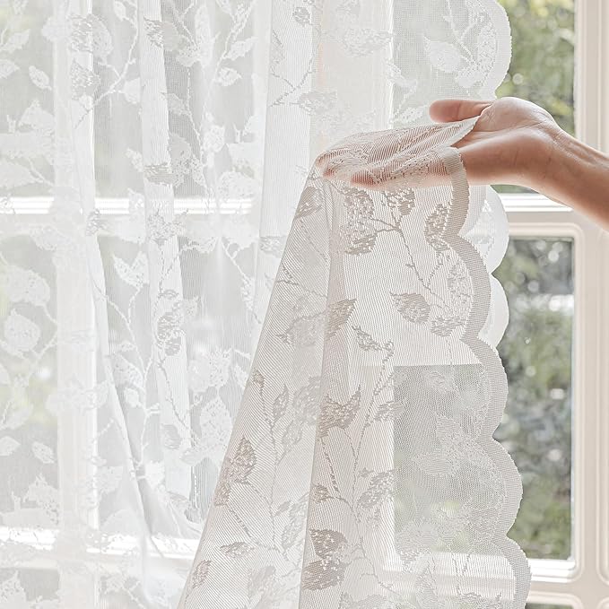White Lace Semi-Sheer Curtains 2 Panels – Vintage Leaf Pattern for Bedroom/Kitchen, Rustic Privacy Light Filtering Rod Pocket Window Drapes, Elegant Chic Window Curtains, 52W x 45L Inch