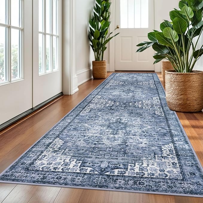 3x10 Washable Rug for Entrance, Blue Soft Printed Area Rug, Non-Slip Kitchen Rugs, Low-Pile Medallion Indoor Door Mat, Small Farmhouse Carpet for Entryway Kitchen Foyer Bedside