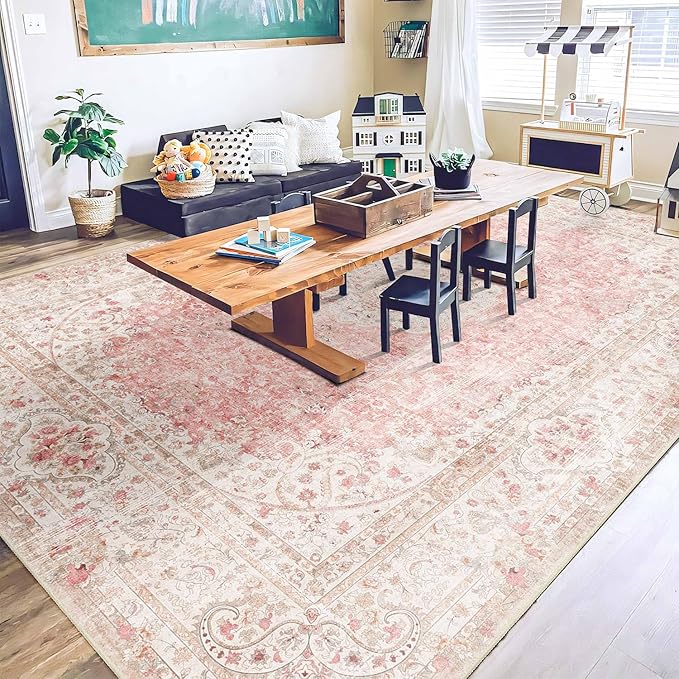 9x12 Area Rugs Washable,Pink Rug for Living Room Bedroom Dining Room,Large Boho Vintage Bohemian Distressed Carpet Non Slip,Blush