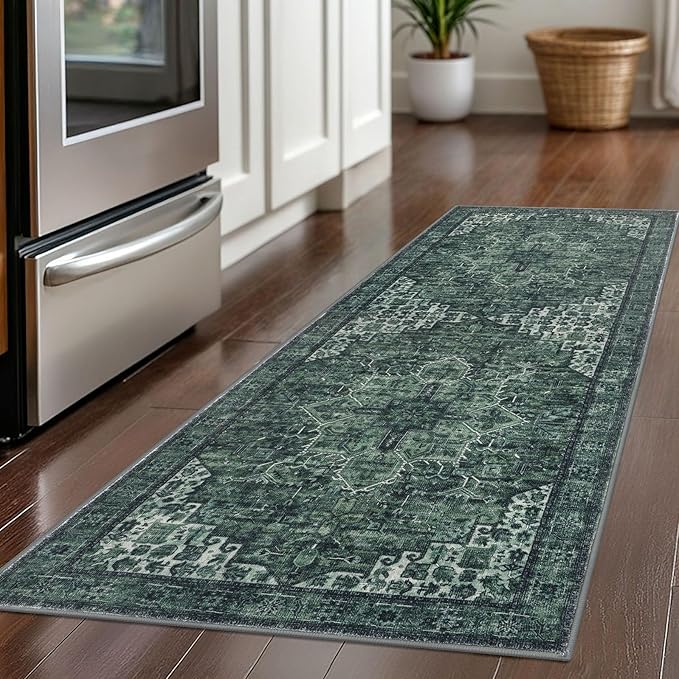 2x5 Runner Rug for Hallways, Dark Green Non-Slip Printed Washable Kitchen Runners, Vintage Boho Rugs with Non-Shedding, Soft Medallion Floor Carpet for Laundry Bedroom Entryway