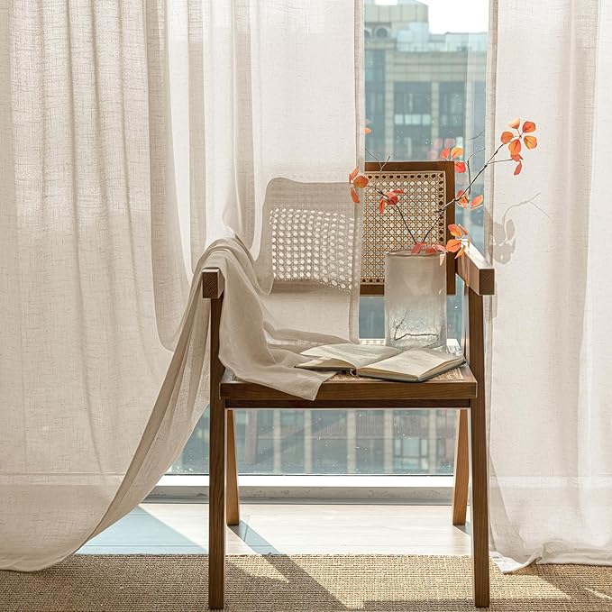 ANRODUO Tan Beige Linen Curtain 96 inch Length for Living Room Back Tab Semi Sheer Linen Drapes Modern Boho Country Rustic Window Treatment for Dinning Room Bedroom 96 inches Long 2 Panels Set