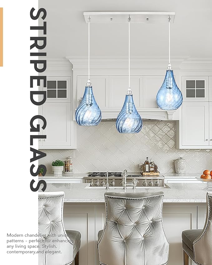 TENGXIN 3-Light Pendant Lights for Kitchen Islands - Brushed Nickel with Blue Glass. Farmhouse Style, Ideal for Dining Rooms and Bedrooms, 6 Inch
