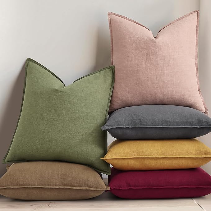 decorUhome Christmas Decorative Linen Throw Pillow Covers 22x22 Inch Set of 2 Mustard Yellow Soft Pillow Covers with Flange Edges Soft Farmhouse Boho Accent Pillow Cases for Couch Sofa Bed Living Room