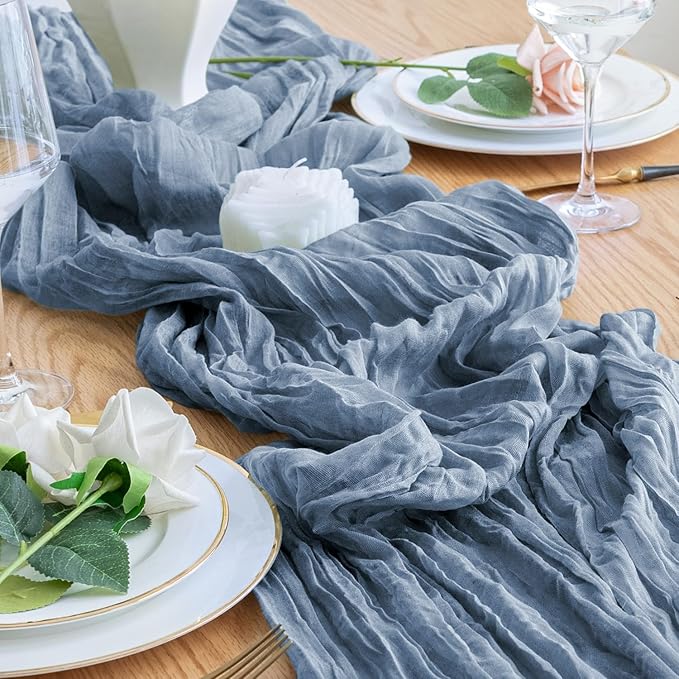 12PCS Table Runner Cheesecloth 10FT Dusty Blue Boho Gauze Cheese Cloth Rustic Sheer Table Runners for Wedding Bridal Baby Shower Party Decoration
