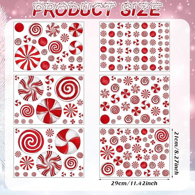 211 Pcs 6 Sheets Christmas Wall Decals Peppermint Wall Stickers Removable Oil Red and Green Candy Stickers Christmas Window Clings for Indoor Living Room Bedroom Nursery Decor(Red)