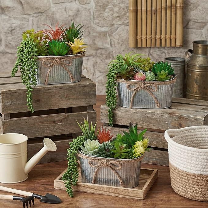 3 Pack Mini Potted Artificial Faux Plastic Succulent Combination Plants Christmas Farmhouse Galvanized Metal Pots Plastic Topiaries Plants for Xmas Home Office Shelf Desk Table Decor