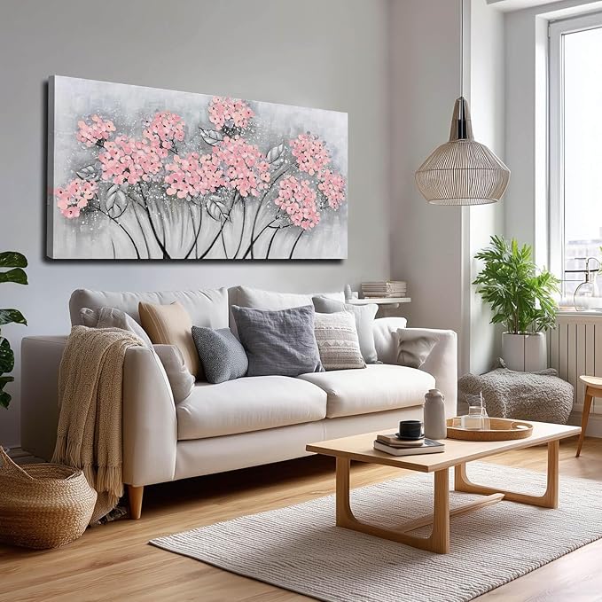 SOUGUAN Botanical Wall Art Oil Painting Pink Flower Pictures Wall Decor Large Artwork for Living Room Kitchen Home Decorations 24x48 Inch