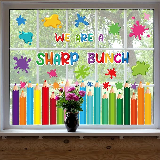 9 Sheets Back to School Window Clings Stickers First Day of School Pencil Double-Sided Window Decals for Welcome Back to School Party Supplies School Home Wall Glass Blackboard Decorations