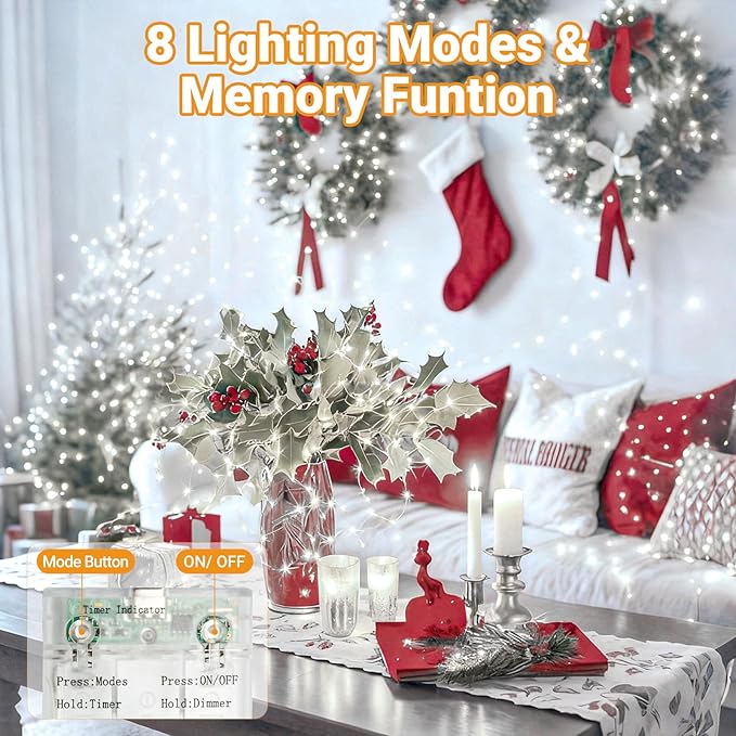litogo 2 Pack Fairy Lights Battery Operated with Timer, 33FT 100LED Twinkle String Lights USB-C Powered 8 Modes Dimmable for Indoor Bedroom Centerpiece Wedding Classroom Dorm Christmas Decorations