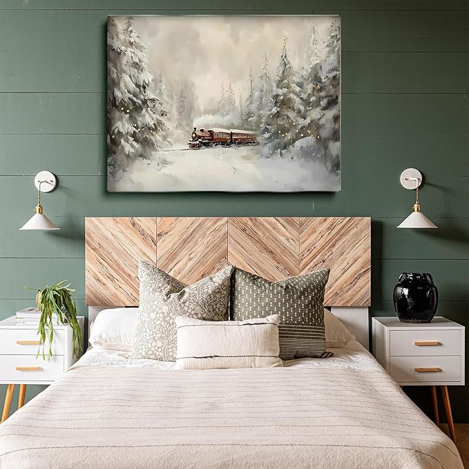 Christmas Train Oil Painting Wall Art - Rustic Winter Farmhouse Scene Poster Print for Bedroom Office Decor - 12x16 Inch Framed