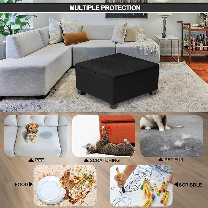 NeColorLife Waterproof Ottoman Cover,Thick Stretch Velvet Slipcover for Square Footstool, Non-Slip Durable Washable Protector for Pets and Dogs,Black,X-Large