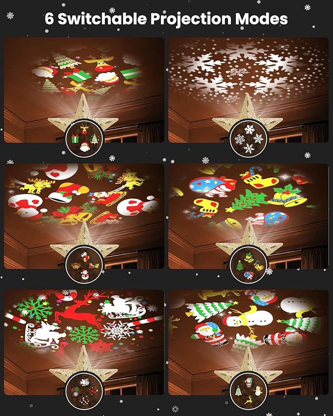 Christmas Tree Topper Star Lighted with 32.8ft Breathing Flickering String Lights & 6 LED Projection Modes, Gold Christmas Star Topper for Indoor Xmas Holiday Tree Decoration