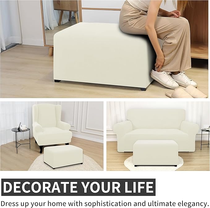Easy-Going 100% Dual Waterproof Stretch Ottoman Cover 30x30x15inch Square Folding Storage Stool Furniture Protector Soft Slipcover for Living Room Ivory