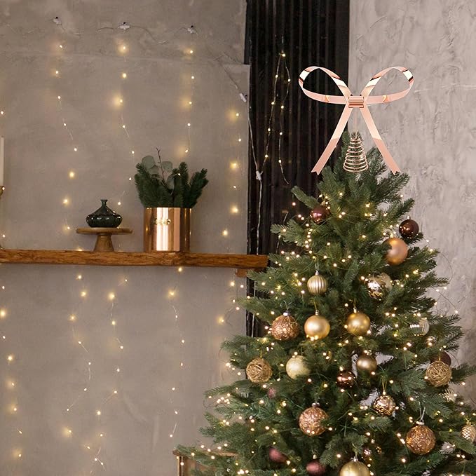 Metal Christmas Bow Tree Topper, Christmas Rose Gold Bow Ornament Decorations for Xmas Tree Topper Garland Wreath Indoor Outdoor Decor, 9.5 x 8.7''