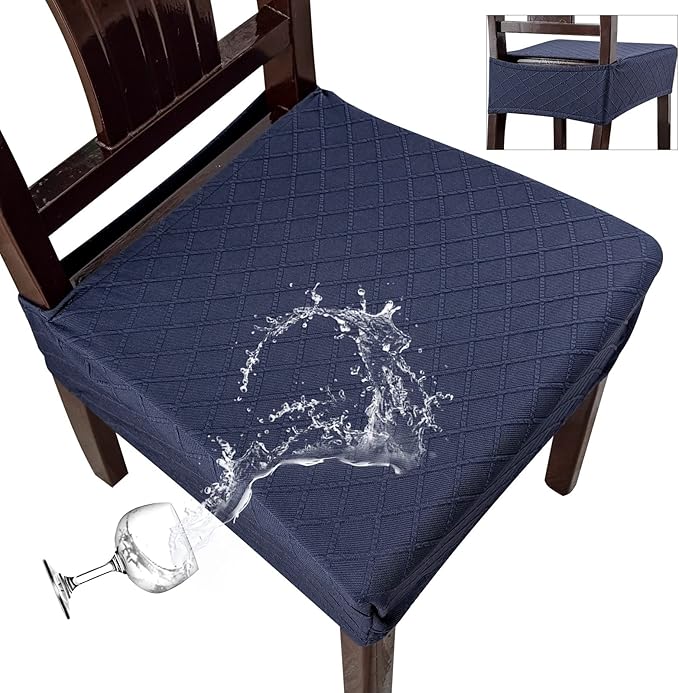 Genina Waterproof Seat Covers for Chairs,Set of 4 Dining Room Chair Seat Covers for Kitchen,Stretch Jacquard Removable Washable Dining Chair Slipcovers Protectors,No Rear Covers, Navy Blue