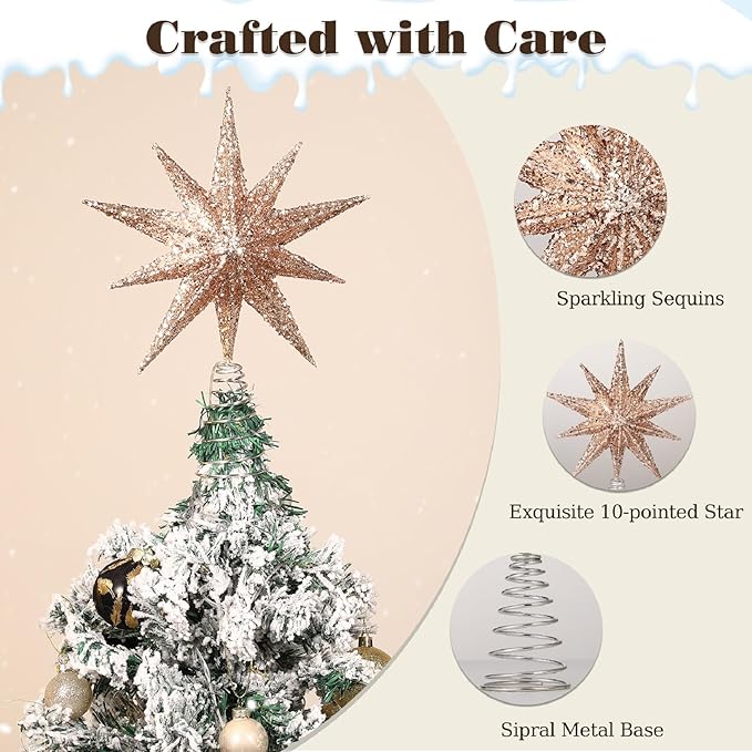 Lewondr Christmas Tree Topper Star, 13inch 10-Point Light Up Xmas Star Treetop with Plug and Remote Control for Home Christmas Decoration, 6H Timer & 8 Lighting Modes, Warm Light, Rose Gold